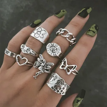 Hiphop Vintage Silver Color Poker Angel Wings Finger Rings for Women Punk Heart Butterfly Boho Knuckle Ring Sets Trend Jewelry 1
