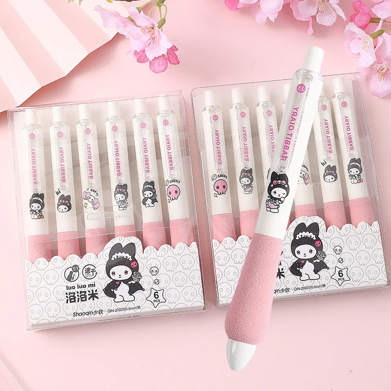 

6Pcs/Box Kawaii Retractable Gel Pens with Sponge Grip Cute Pink-style 0.5mm ST Tip Quick-Dry Black Ink for Girls Studens Writing