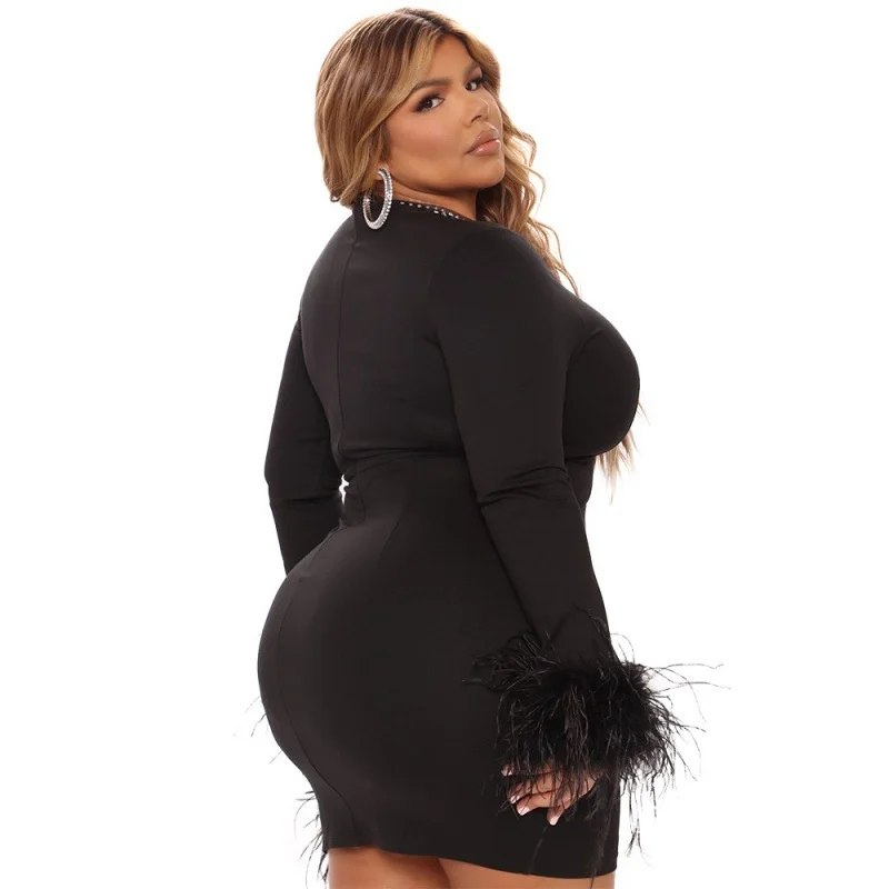 Plus Size Fashion Women Hip Wrapped Short Dress Solid Color Mesh Feather Patchwork Party Nightclub Oversize Dress Summer 2023