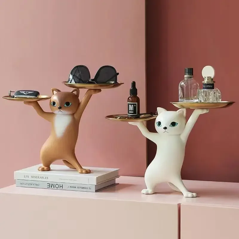 

New Cat Statue Resin Desktop Candy Storage Container Entrance Key Tray Cat Sculpture for Table Holiday Decoration Desk Organizer