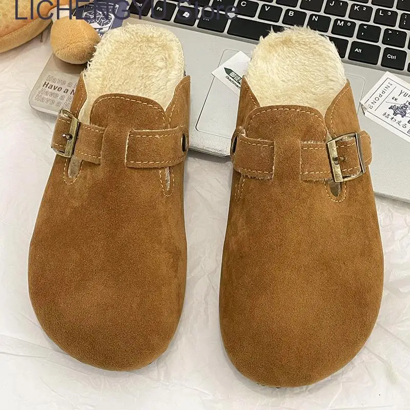 Fashion Women Winter Cork Slippers Closed Toe Artificial Fur Inside Low Heel Casual Soft Warm Fluffy Slide Shoe