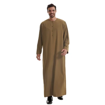 TH839 Men's Muslim Middle Eastern Men Long Sleeves Pure Color Buckle Robe Ramadan Eid Jubba Thobe