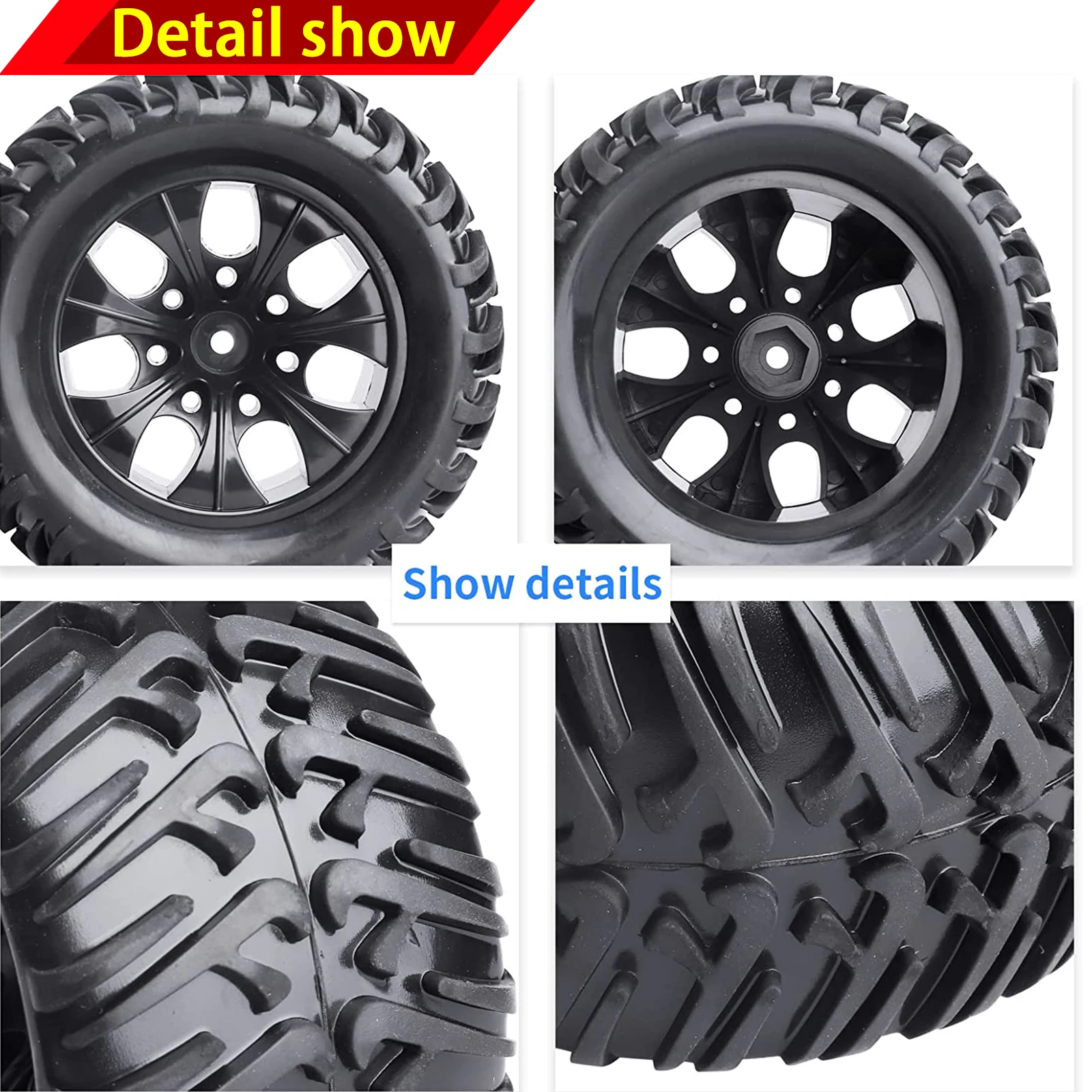 

DWNRC 4 Piece RC Truck Tyre and Wheel Set Foam Insert 12mm Wheel Hex Hub for 1/10 Scale Off-Road Monster Trucks