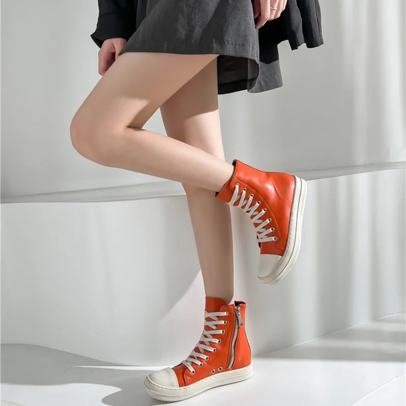 

Quality Women Ankle Boots Orange Thick Bottom High Top Shoes for Female Platform Chunky Boots Unisex Flat Leather Sneakers