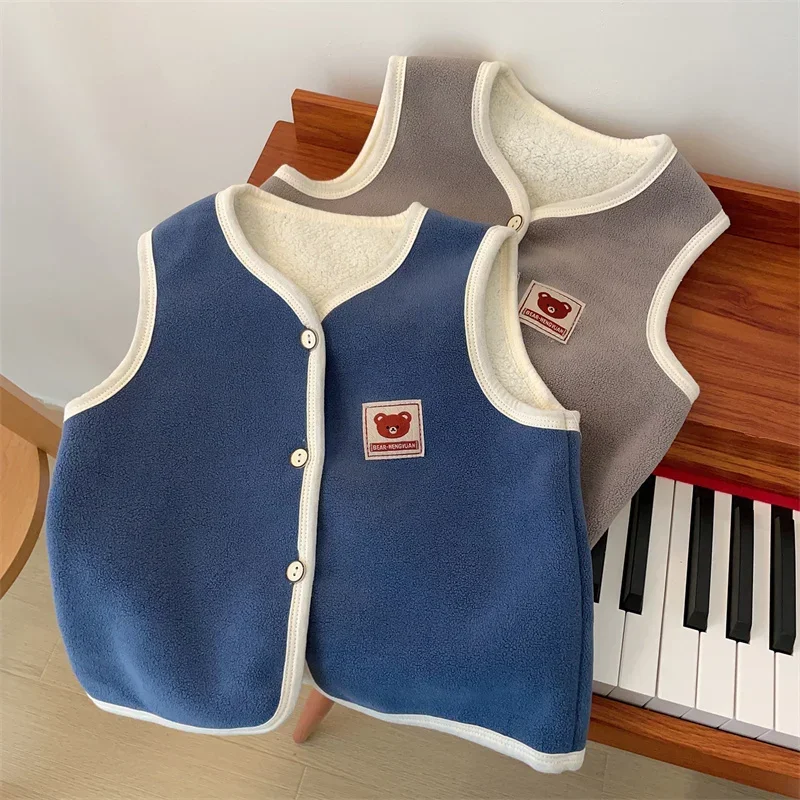 Children Vest Winter Double Sided Plush Warm Baby Vests Autumn Wearing Cartoon Animal Children Plush Thick Vest Cute Boys Girls Waistcoats