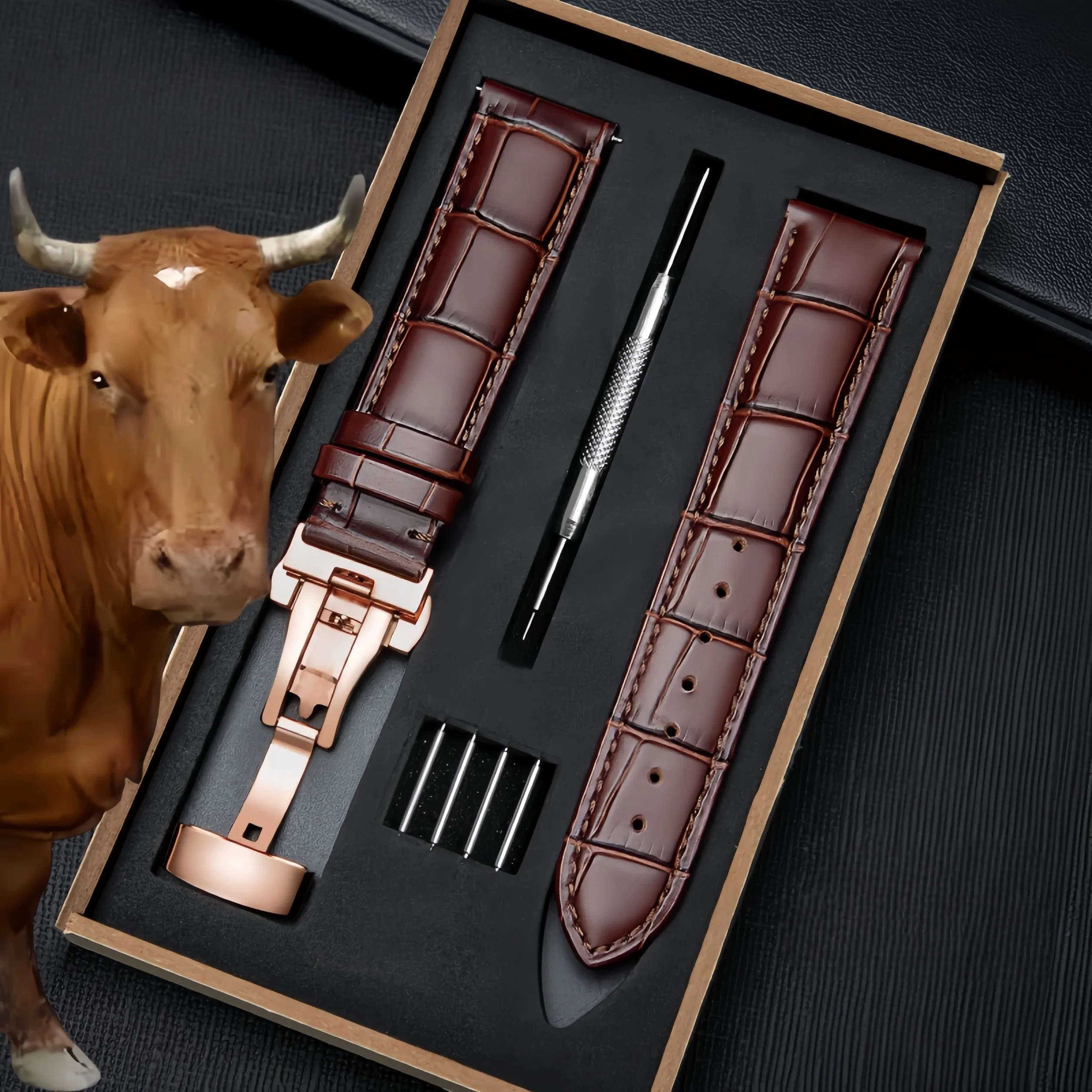Elegant Genuine Leather Watch Band with Butterfly Clasp – Premium Replacement Strap