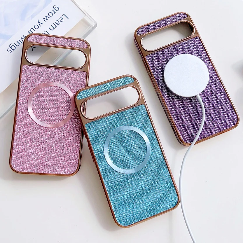 Shiny Rhinestone Glitter Plated Border Magnetic Ring Case for Pixel 9A Google pixel 9 Pro XL Pixe 9 8 Pro Lens Protection Cover