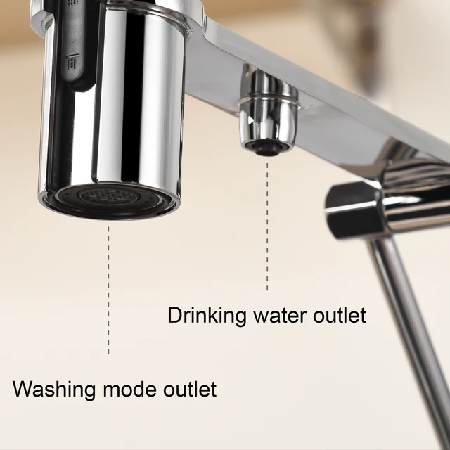 ก๊อกน้ำครัวโครเมียมทองเหลืองทันสมัย พร้อมหัวฉีดแบบดึงลง 3-in-1 ฟังก์ชั่นน้ำบริสุทธิ์ แบบรูเดียว 2 หัวก๊อก น้ำร้อนน้ำเย็น 6