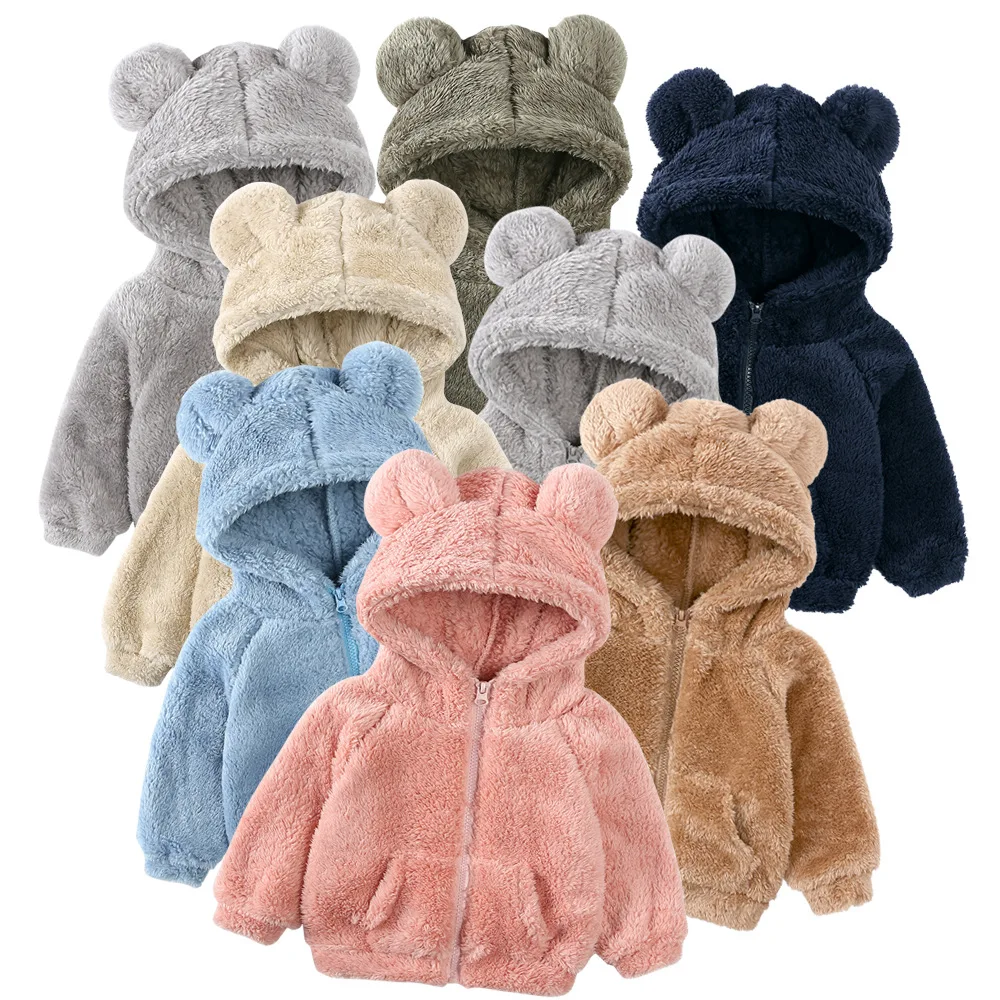 

Baby Hooded Jackets Kids Hoodies Zipped Coat Boys Girls Winter Flannel Warm Outerwear Coral Fleece Cute Outdoor Top with Pockets