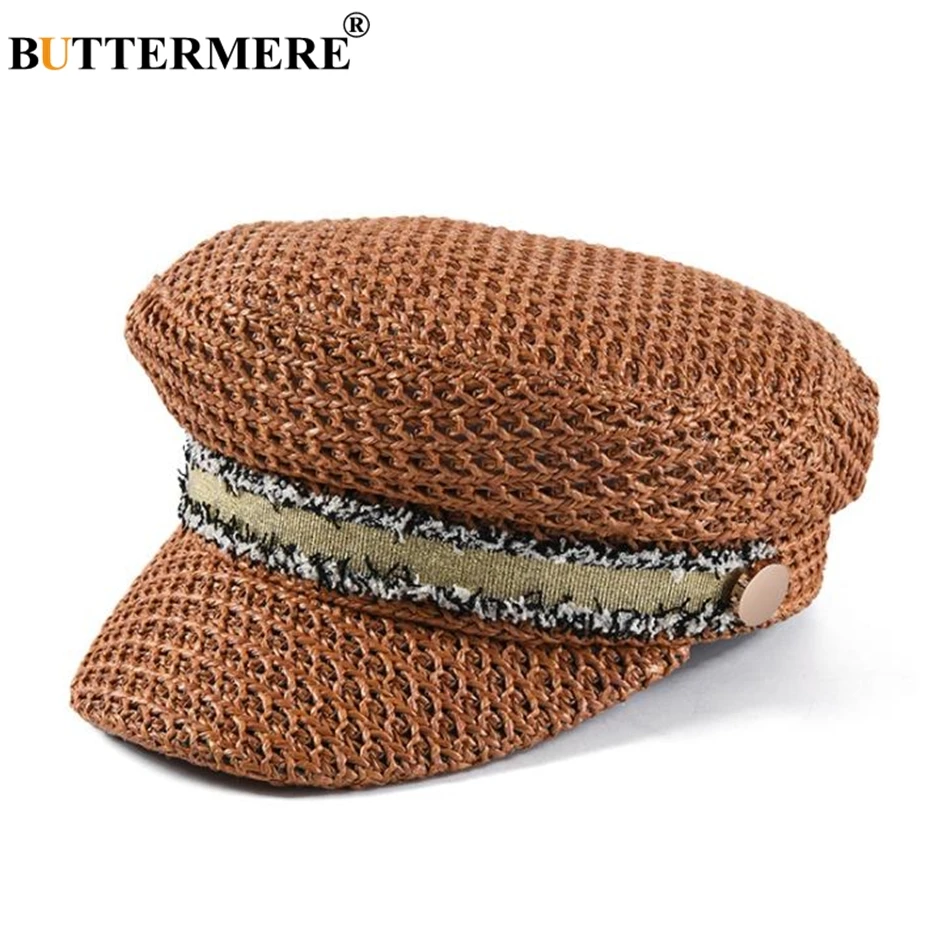 Cotton Newsboy Cap BUTTERMERE Straw Newsboy Cap Women Baker Boy Hat Female Khaki British Style Retro Designer Brand Spring Summer Octagonal Cap