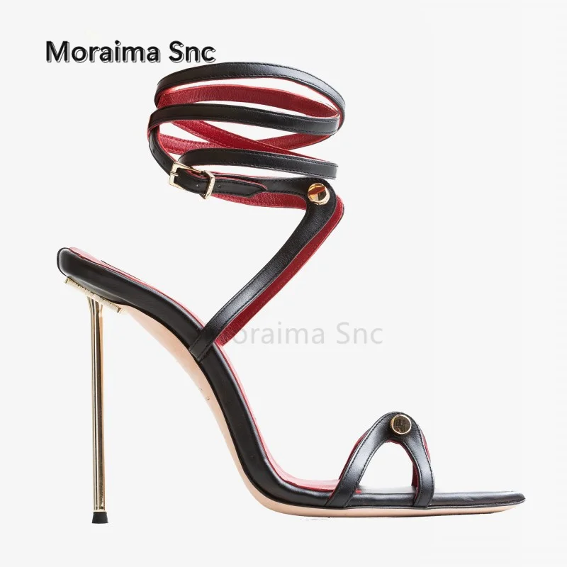 Metal Buckle Pointed Toe Women Sandals Cross Strap Metal Heel Stiletto Super High Heels Sexy Black Ladies Party Shoes Summer