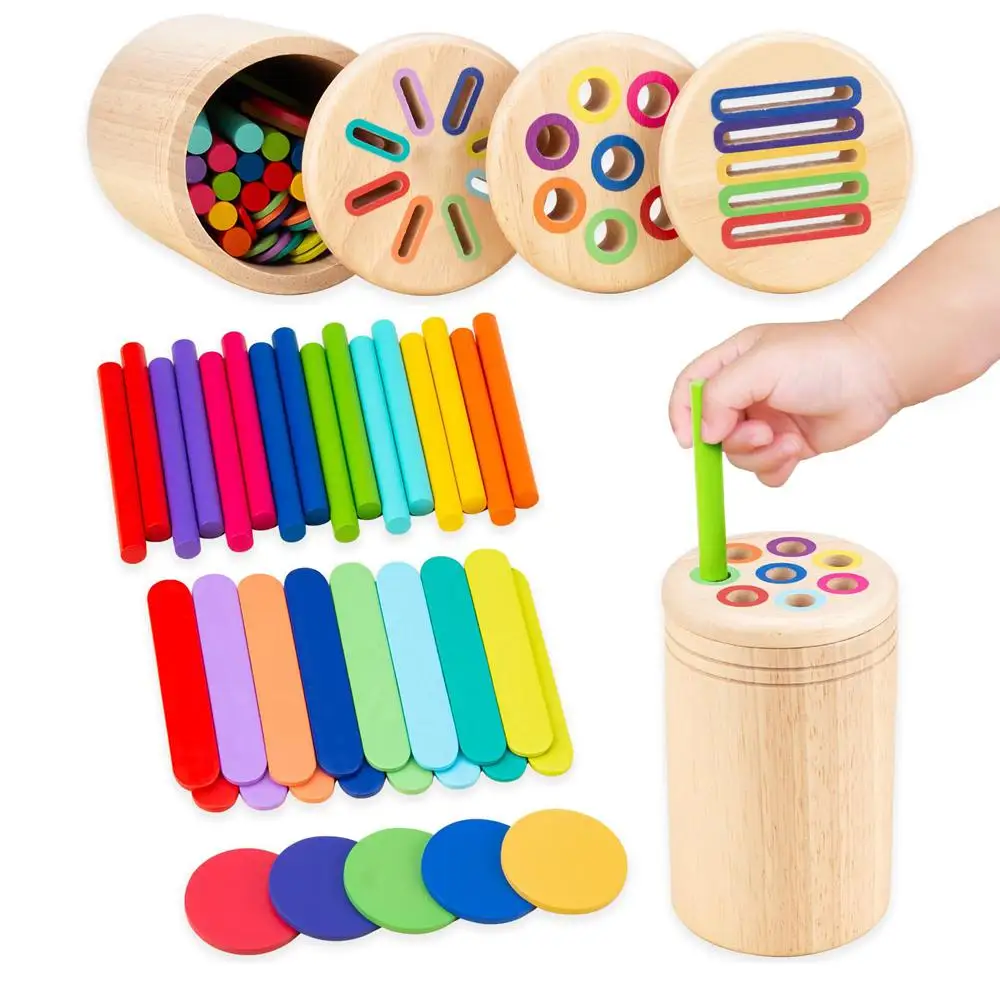 Wooden Color Classification Cup Toy, 3 in 1 Round Rod Circle Ice Cream Stick Color Recognition Toy, Hand-eye Coordination
