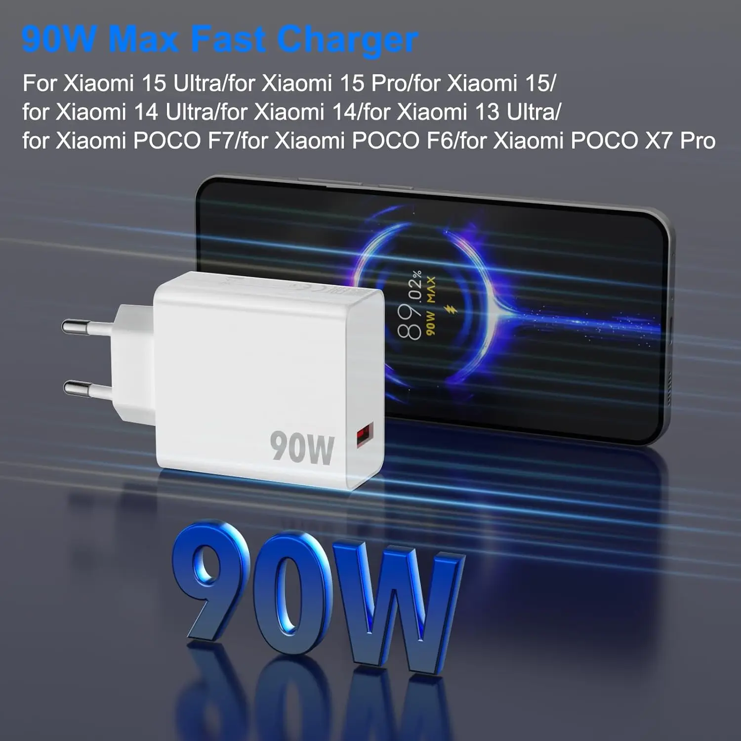 High-Power 90W Turbo Fast EU Charger with Quick Charging Type-C USB Cable