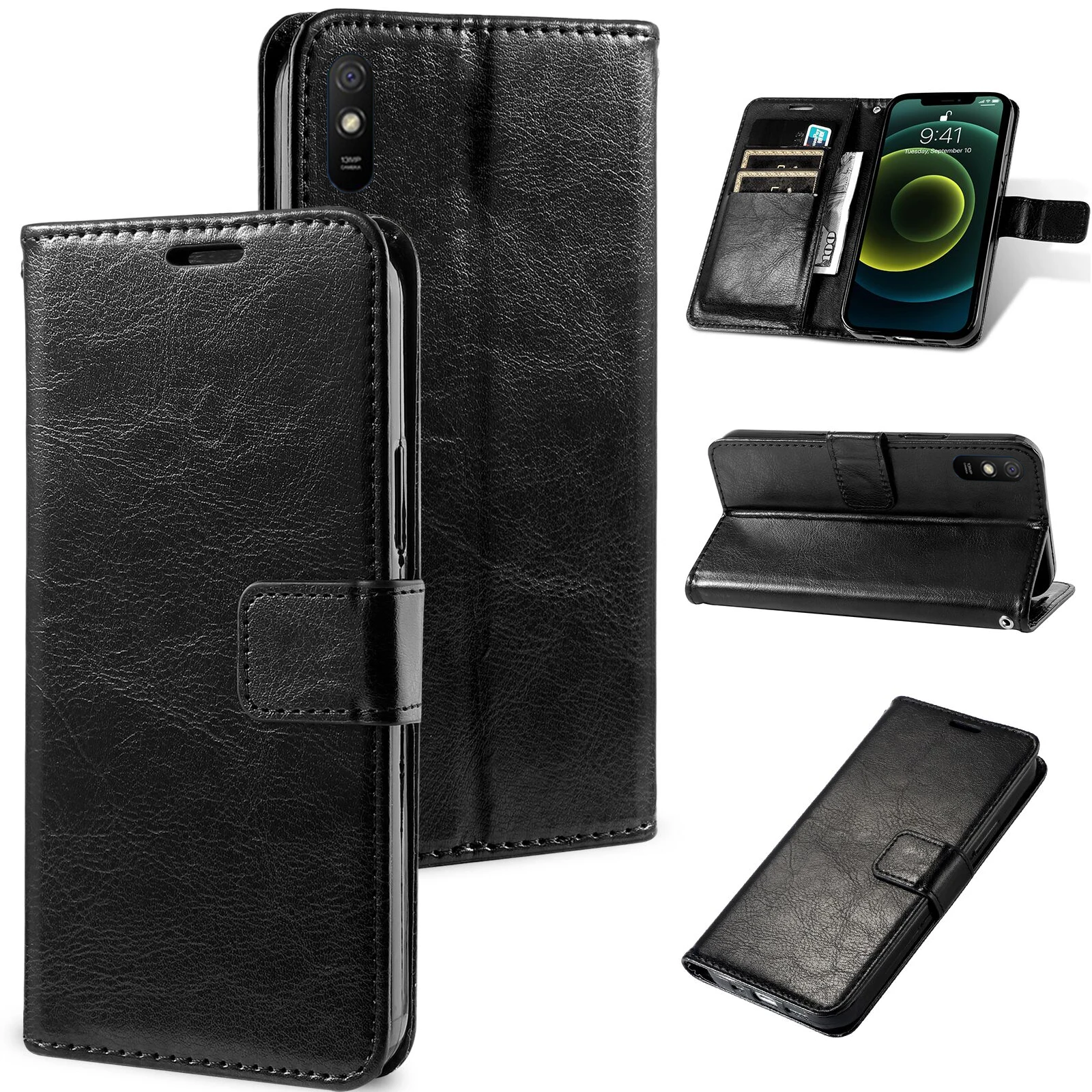 Magnetic Leather Wallet Flip Case with Bracket Design