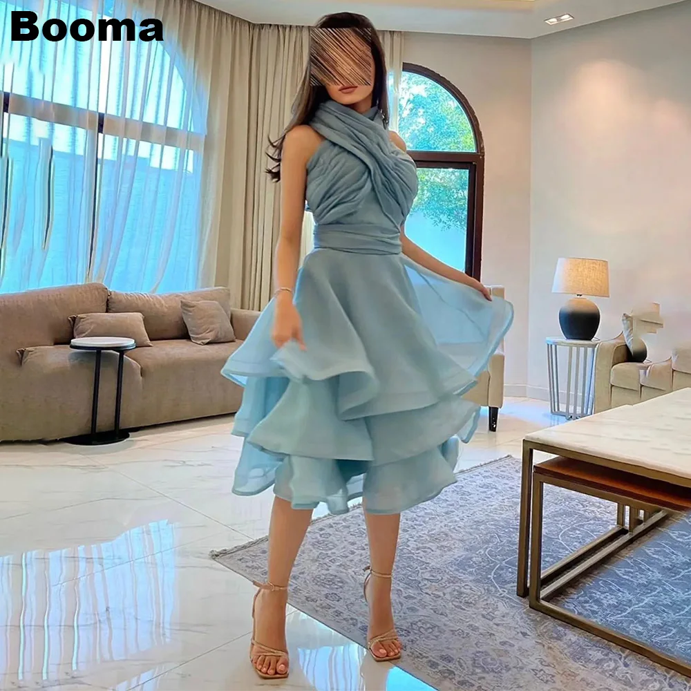 

Booma Dusty Blue Organza Short Prom Dresses A-Line Halter Pleat Formal Homecoming Dress Tiered Skirt Women Evening Party Gowns