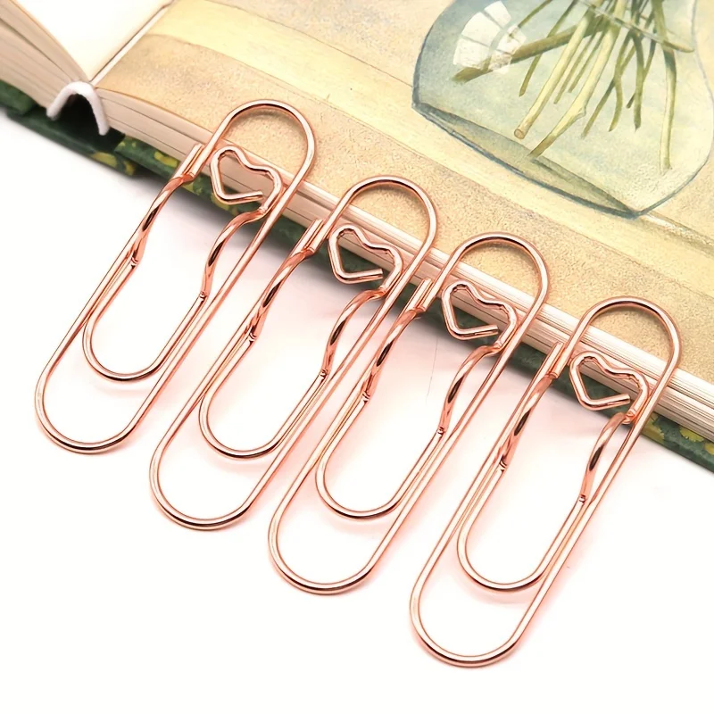 6개 하트 모양 펜 클립, 로즈 골드 & 금속 펜 홀더, 사무용 문구류, 문서 정리 클립, 창의적인 종이 클립