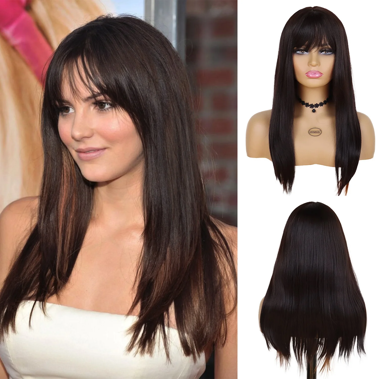 

GNIMEGIL Synthetic Long Wigs for Women Brown Hair Wig with Bangs Natural Hairstyles Fashion Wig Straight Outfit Wig Student Girl