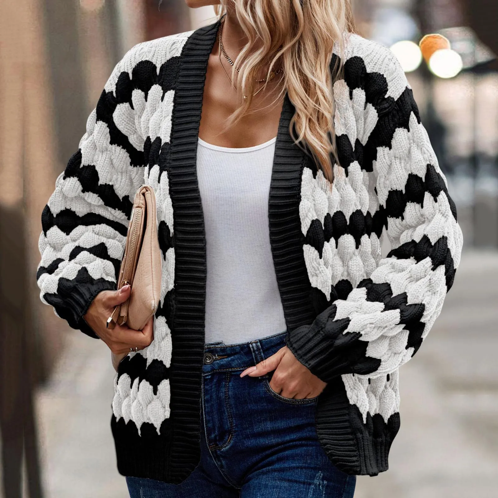 

Женский длинный кардиган в стиле ретро, свободный трикотажный кардиган составного кроя с карманами спереди, осень