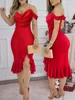 Spring Summer Fashion Solid Party Off Shoulder Dress Sexy Swinging Collar Out Sleeve Split Hip Skirt Elegant Slim Women Dresses