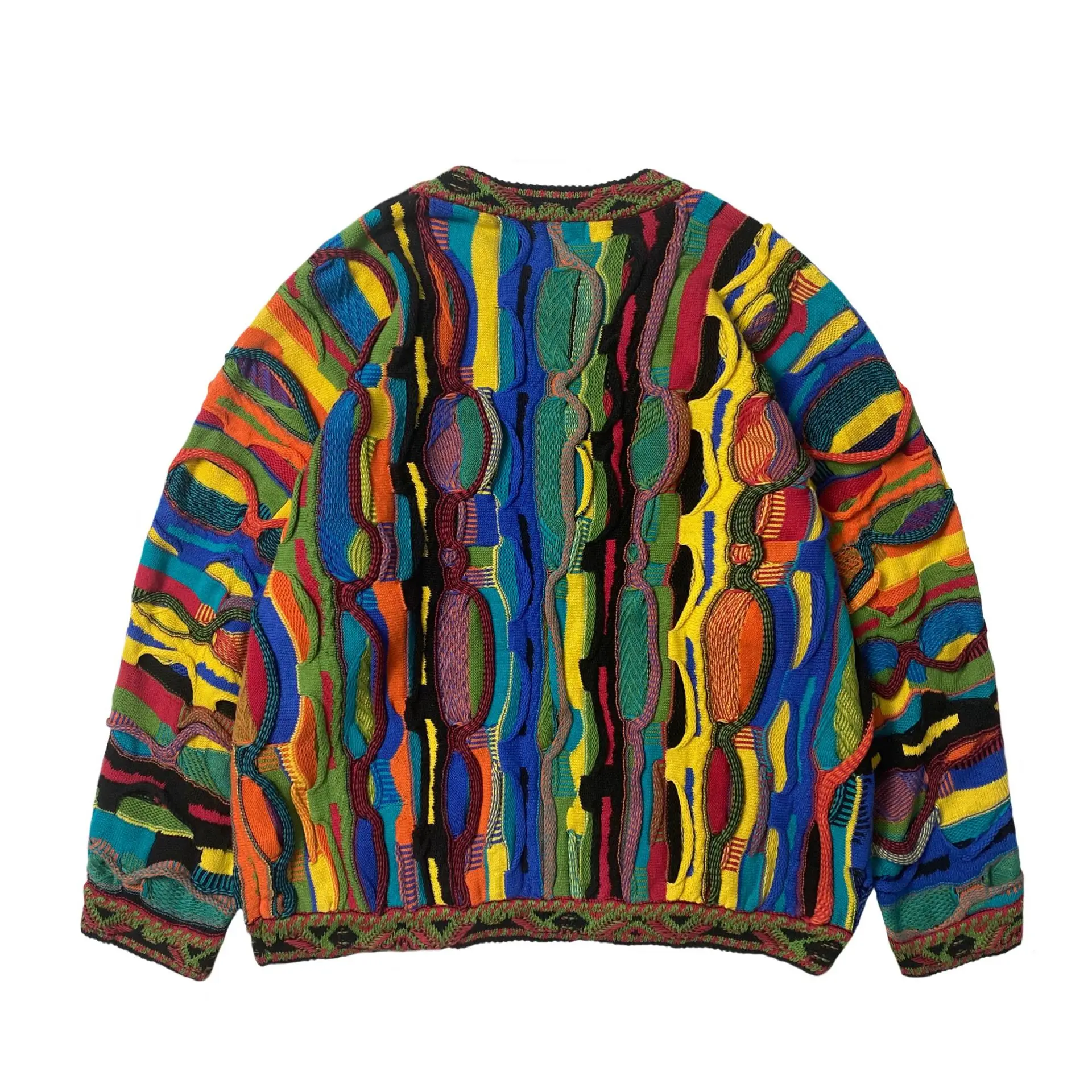 ABOORUN Men's 3D Bitter Melon Pattern Contrast Color Sweaters Heavy Industrial Pullover Knitwear for Male 2