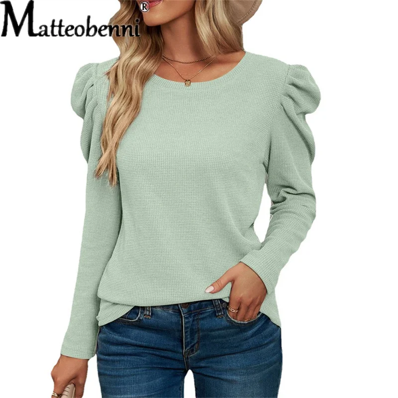 2022 Autumn New Long-Sleeve Puff Sleeves Pleated Stitching Round Neck Waffle T-Shirt Blouse Women Casual Slim Street Shirt Tops