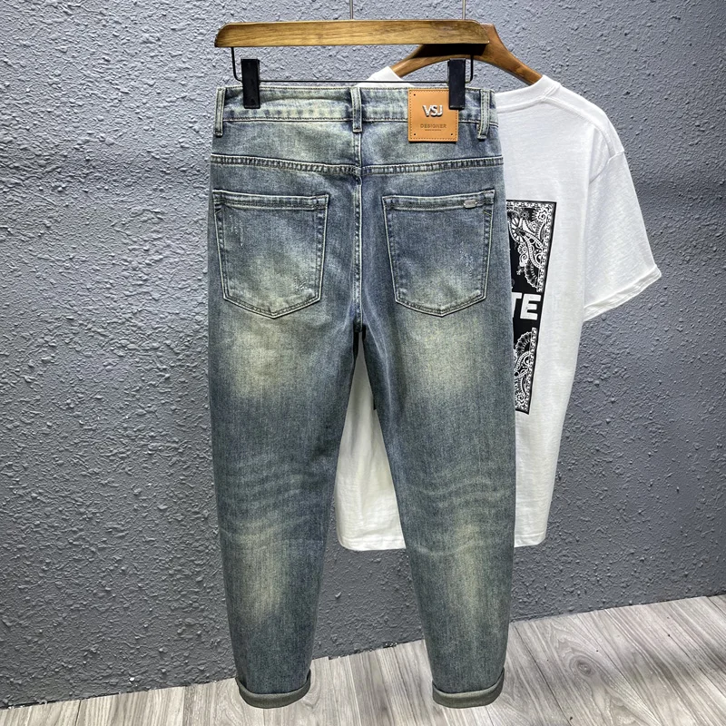 

Spring and summer New nostalgic ripped elastic ankle-length pants dark blue casual fashion design men's jeans slim-fitting small