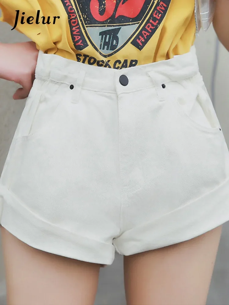 Jielur Denim Shorts Women White Women Short Jeans Khaki Wide Leg Elastic Waist Vintage Casual High Waist Shorts Women Summer