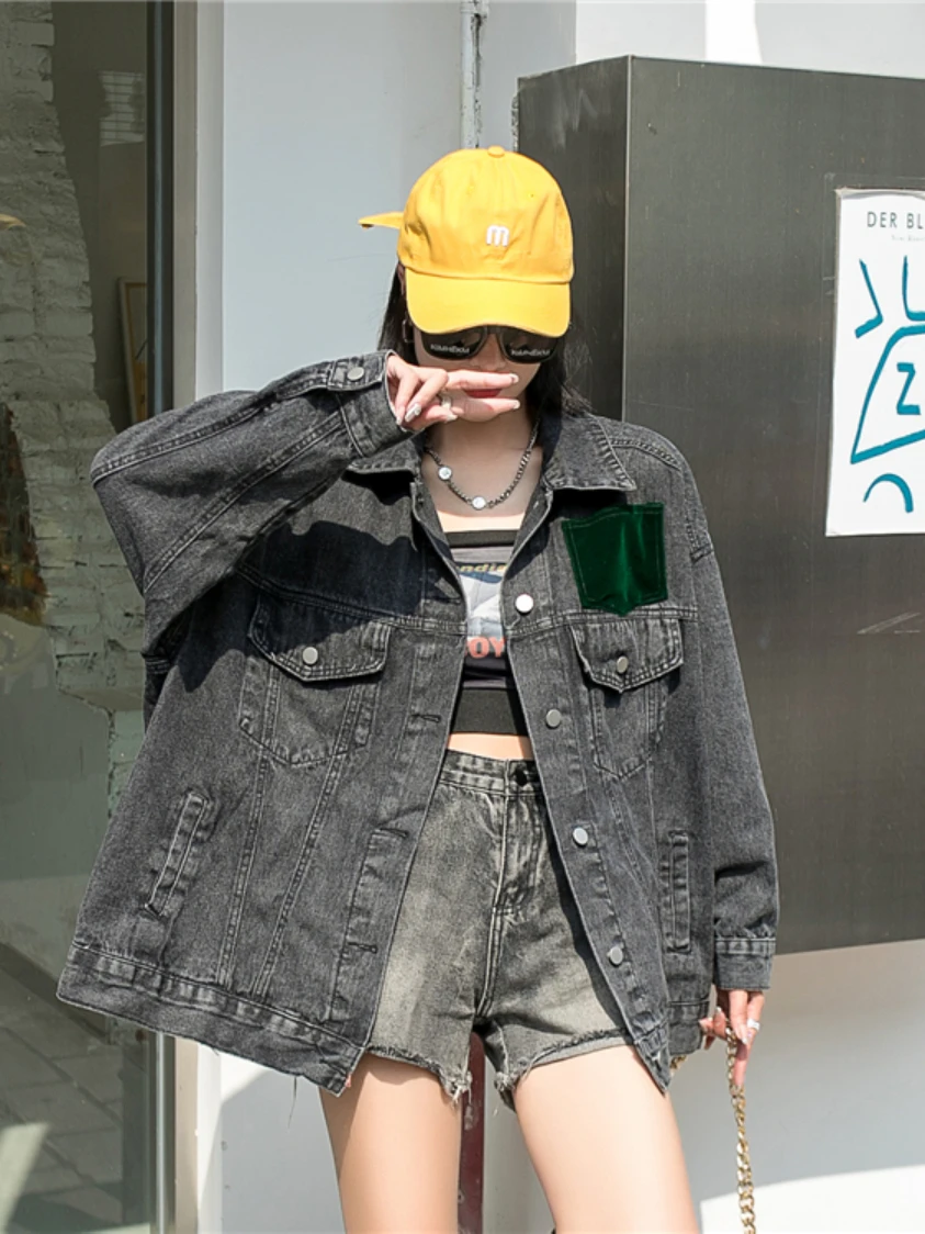 Fashion Brand Heavy Industry Cartoon Beaded Sequins Loose Denim Jacket Women's Fashion Polo Collar Long-Sleeved Denim Jacket Top