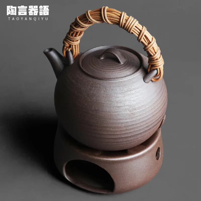 

Rock mine clay handmade rattan handle ring handle teapot warm tea set retro pottery Japanese coffee table candle tea warm tea se