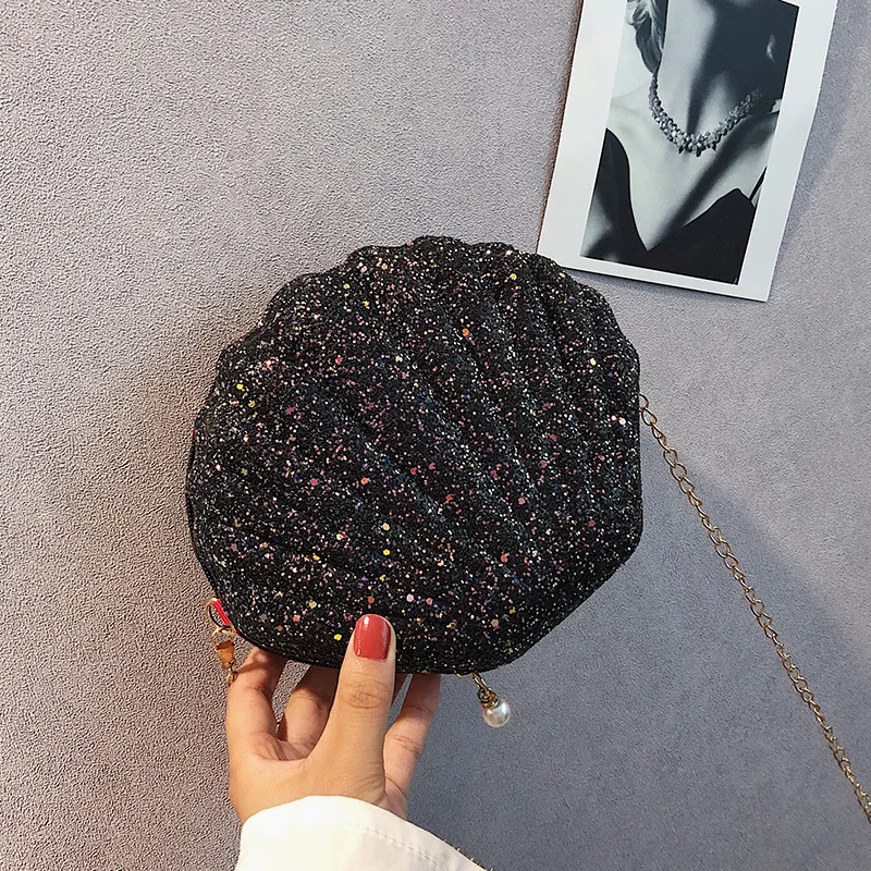 Cute Laser Sequins Small Shell Shoulder Bag Phone Money Pouch Summer Chain Pouch Crossbody Bags for Women Purse