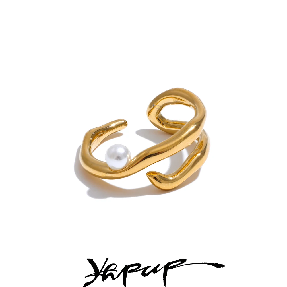 Yhpup Ring Stainless Steel Pearls Geometric Open