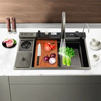 Multifunctional 304 Stainless Steel Kitchen Sink Set, Digital Display Single Bowl Washbasin with 2 Multi-function Faucet 3