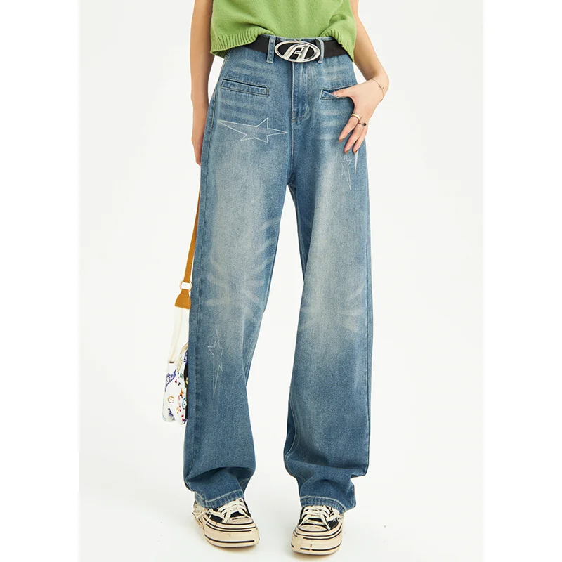 Getadme-Vintage Blue High Waist Women Jeans Gradient American Fashion Streetwear Wide Leg Jean Female Denim Trouser Baggy Denim Pants