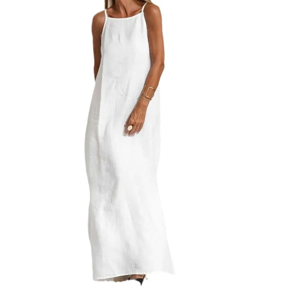 Women Cotton linen Side Split Long Slip Dress Summer Lady Strapless Solid Color Holiday Party Dresses FYY-10080 5