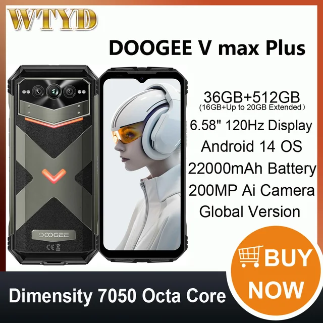 DOOGEE V Max Plus 5G Rugged Phone 36GB+512GB 6.58'' Android 14 Dimensity 7050 200MP Ai Camera 22000mAh NFC Smartphone