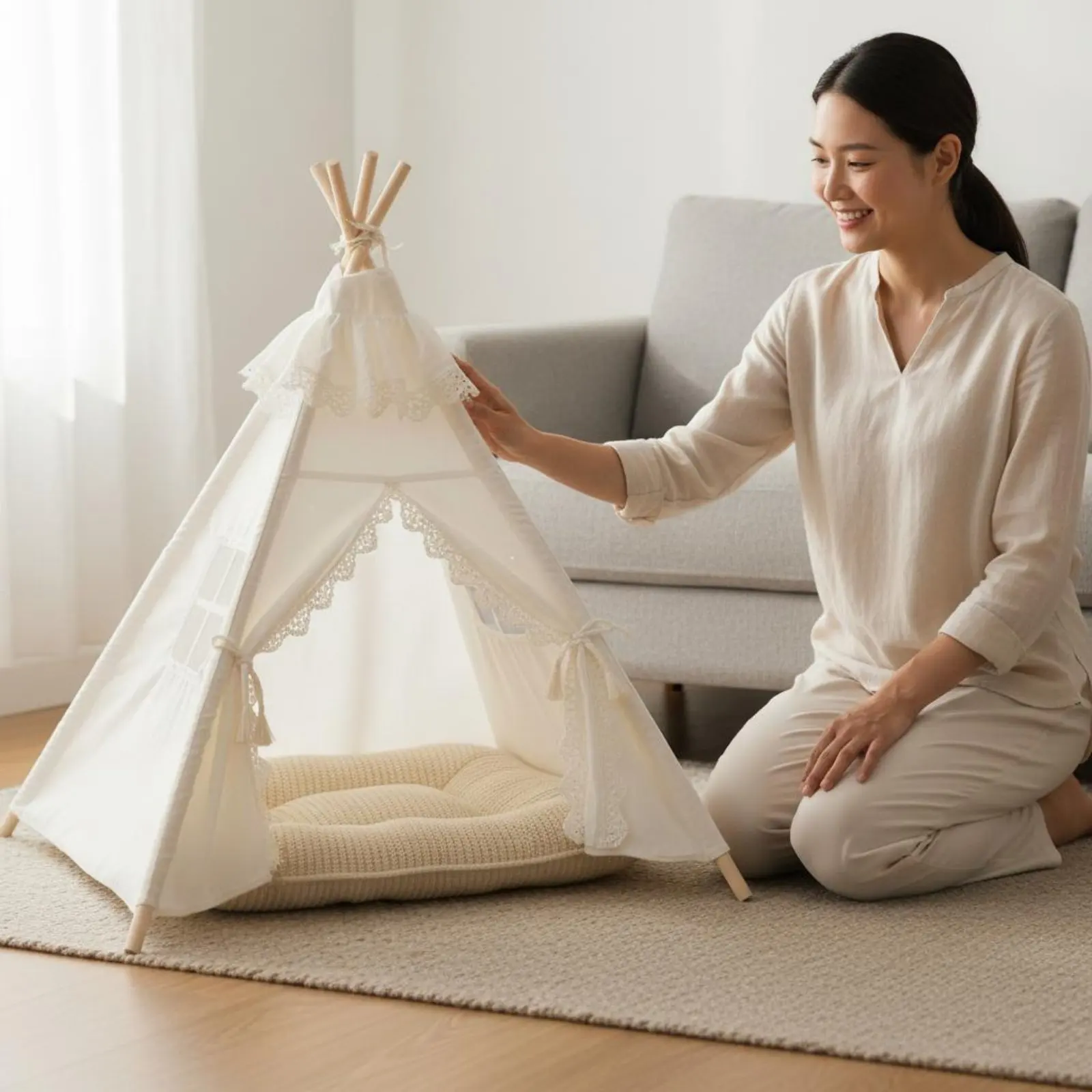 반려동물 티피 텐트 사계절용 강아지 티피 침대 고양이 텐트 침대 귀여운 레이스..