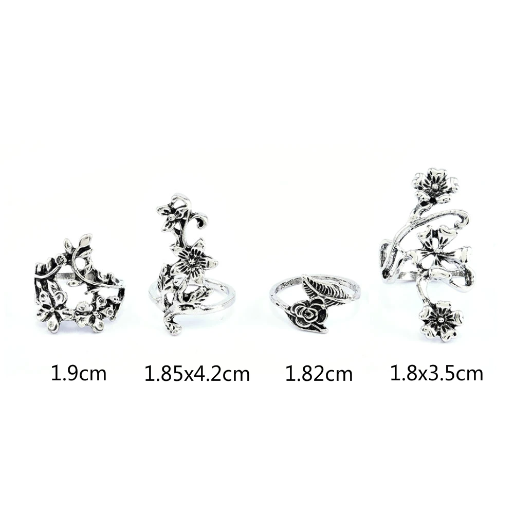 4PCS/Set Forest Vine Leaf Flower Ring Vintage Punk Antique Carved Midi Finger Ring Women Bohemian Rings For Men Jewelry Gifts finger ring