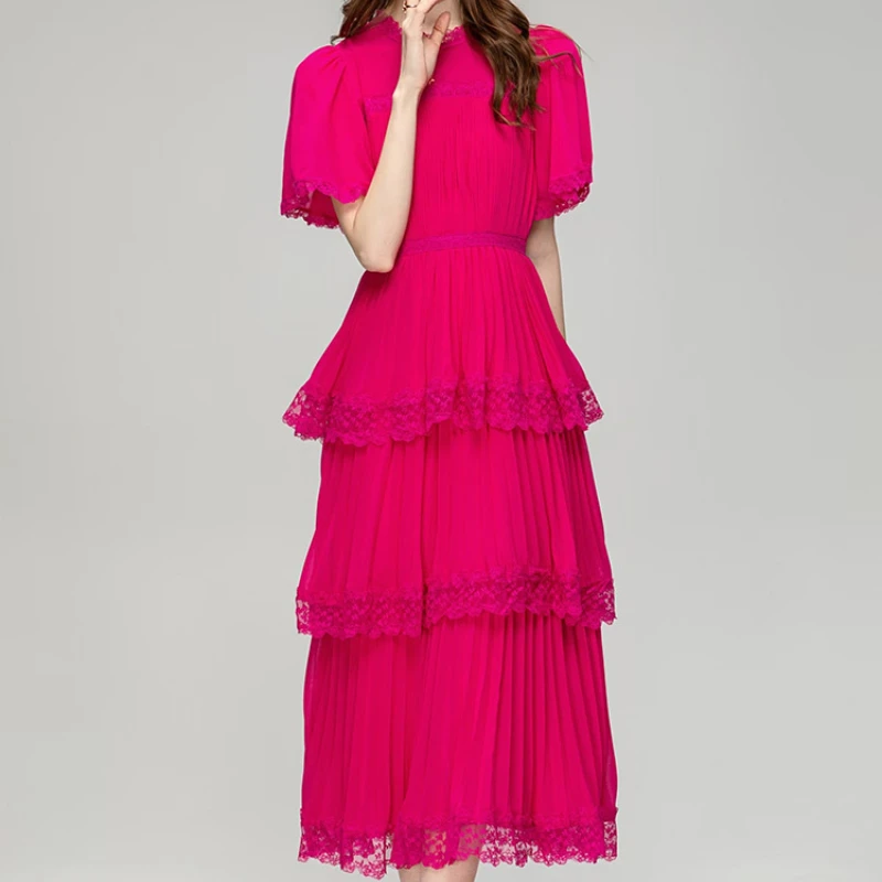 

Evening Dress Lady Elegant 2023 New Round Neck Short Sleeves Fashion Luxury Lace Patchwork Pleated Cake Long Dress Ankle Length