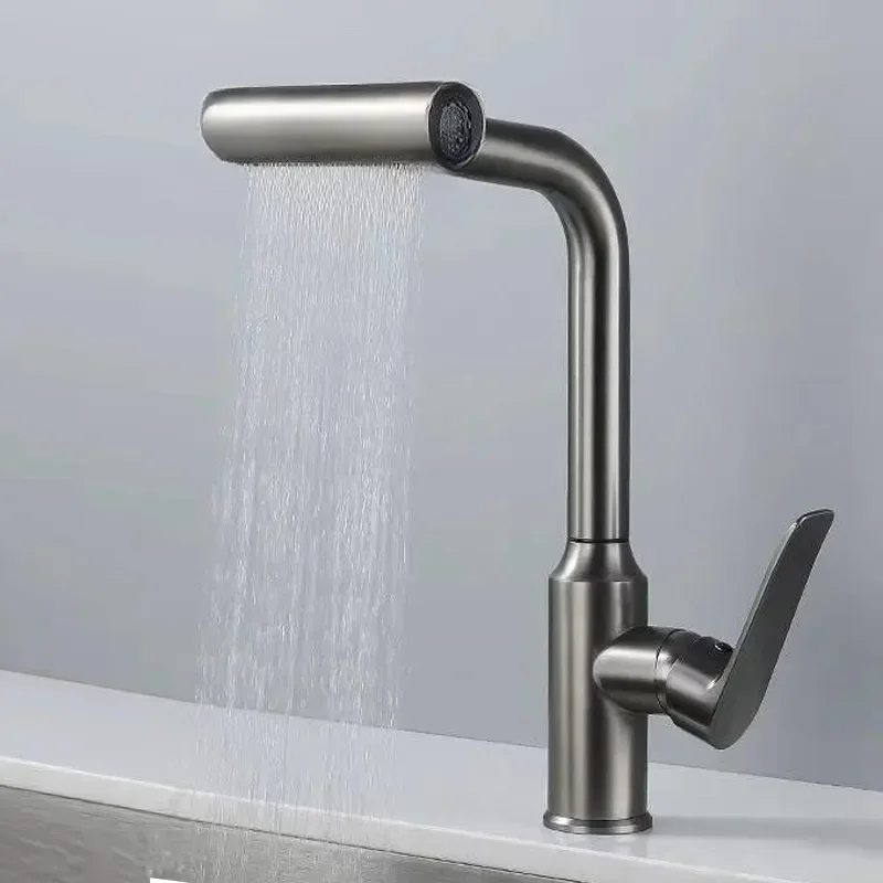 

Gray Pull Out Vegetable Basin Faucet Rotation Waterfall Stream Sprayer Head Sink Water Tap Stainless Steel Cold and Hot Faucet