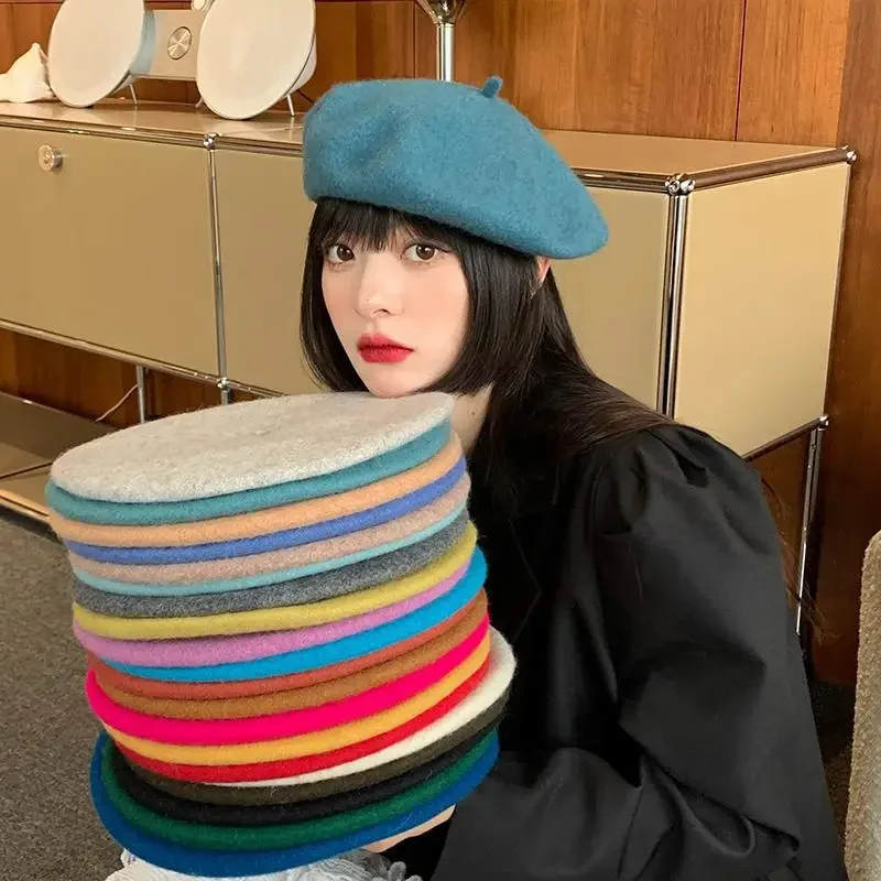 

Candy Color Winter Hats For Women Berets Flat Cap Knit Cashmere Lady Girl Female Painter Solid Soft Fashion