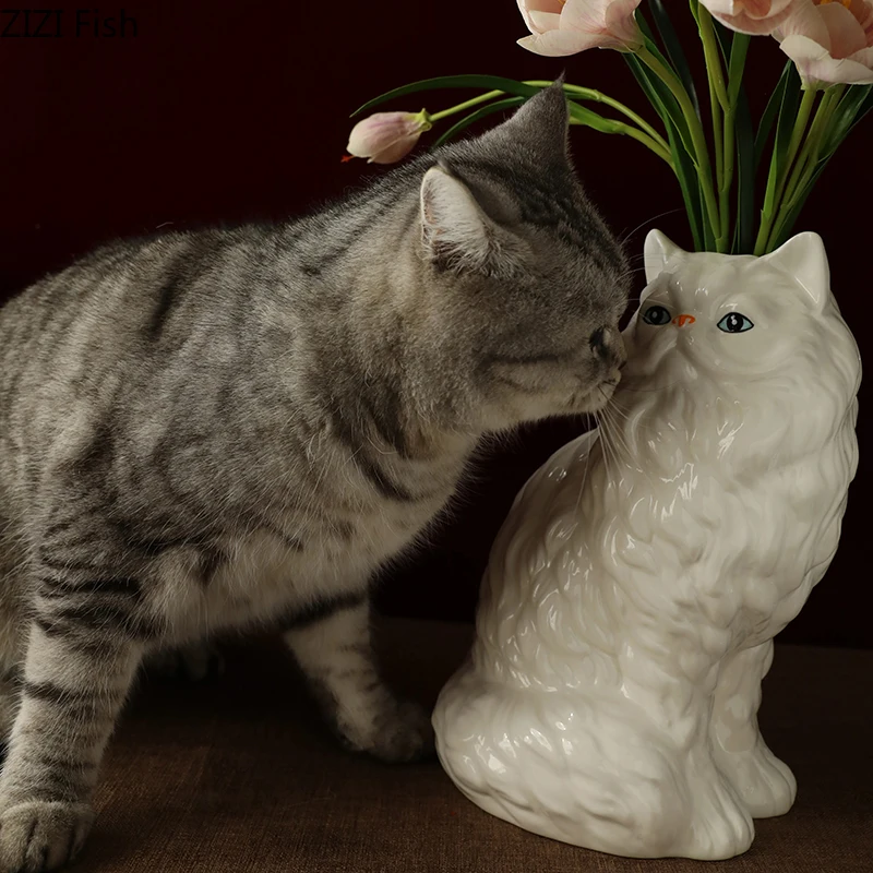 Cute White Cat Ceramic Vase Desk Decoration Flowers Arrangement Artificial Flower Decorative Floral Vases Room Aesthetic Decor 3