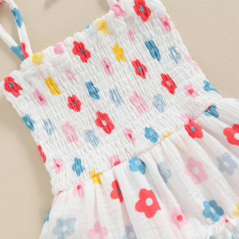 Description Picture 6 of itemBaby Girl 2Pcs Summer Outfits Cute Sleeveless Tie Strap Shirred Romper with Headband Set Newborn Clothes