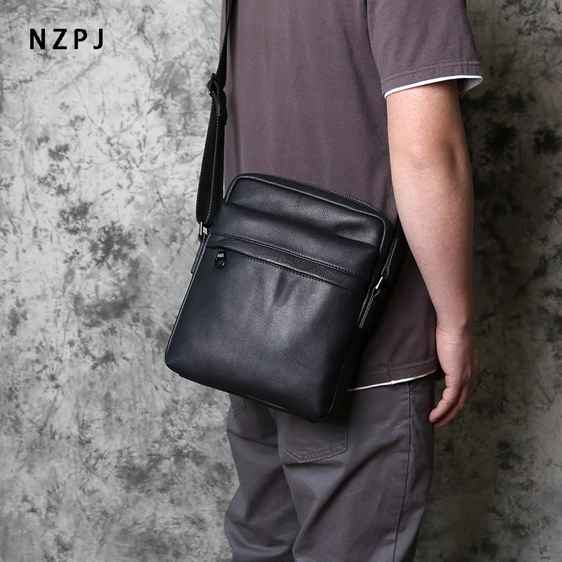 New Men's Leather Shoulder Bag Top Layer Leather Casual Backpack Vertical Crossbody Bag Trendy Men's Bag 10-inch IPad Bag NZPJ