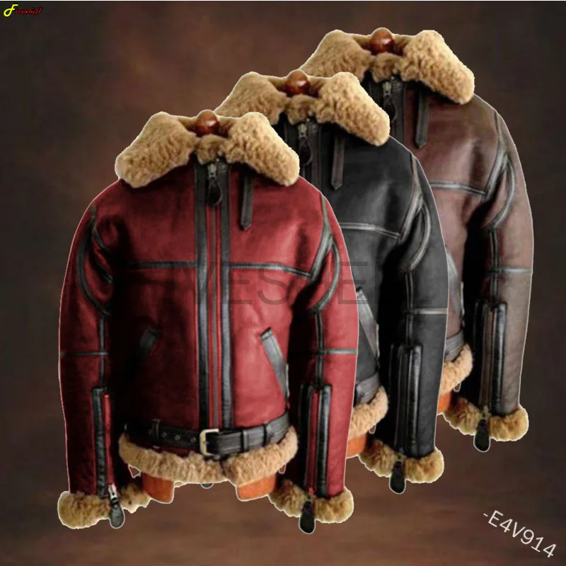

West Cowboy Men's Winter Warm Leather Steampunk Jacket Lapel Lamb Hair Frosted Velvet Medieval Coat Jacket for Male