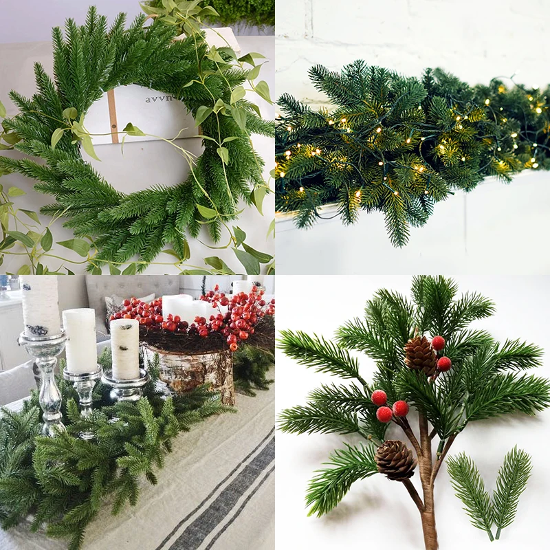 

12 pcs Christmas Pine Needle Branches Fake Plant Christmas Tree Ornament Home DIY Garland Gift Box Wedding Flower Decoration