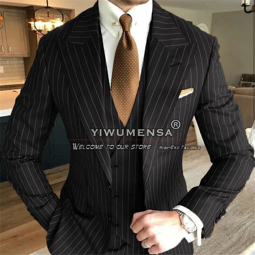 

Black Striped Suit Men Smoking Business Single Breasted Jacket Vest Pants 3 Pieces Groom Man Wedding Tuxedos Trajes De Hombre