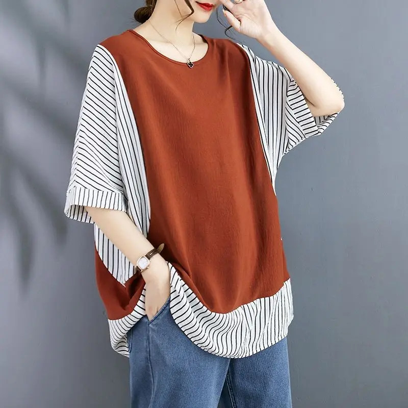 

Commute Striped Spliced T-shirt 2024 Summer Fake Two Pieces Casual Loose Female Clothing Round Neck Basic Short Sleeve Pullovers