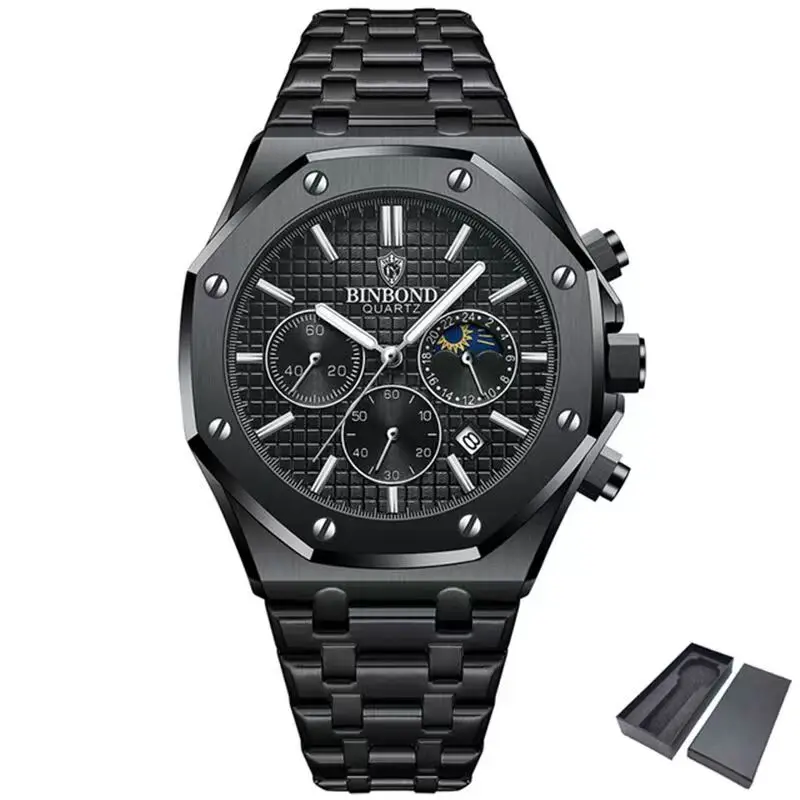 

2024 BINBOND B0161 Top box Brand Man Casual Quartz Watch Luxury Luminous Wristwatch Stainless Steel Waterproof Men Clock