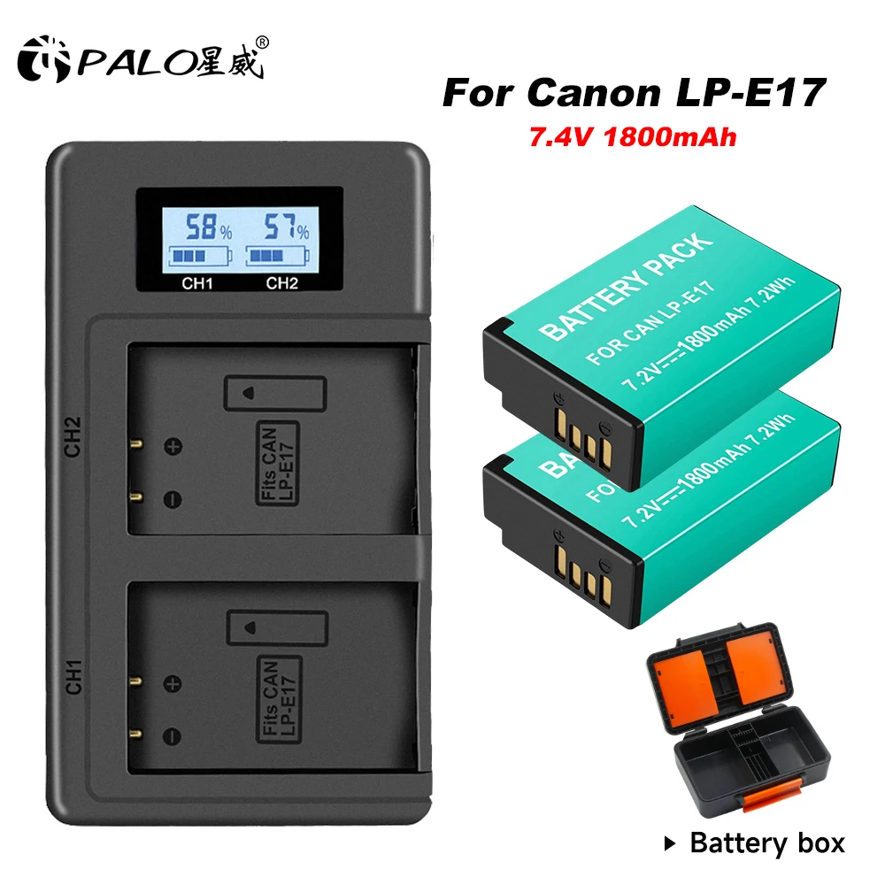 

PALO LP-E17 LPE17 LP E17 Battery+LCD Dual USB Charger+Storage Box for Canon EOS R8 RP 200D 250D M3 M5 M6 750D 760D T6s 800D T8i