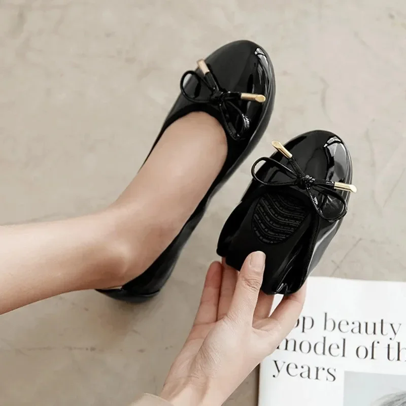YAERNBig Size 42/43 Ladies Single Shoes Bowtie Flats Patent Leather Loafers Women Round Toe Roll-Up Shoes Woman Bridesmaid Flats 6